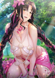 Rule 34 | 1girl, bare shoulders, bead necklace, beads, bikini, black hair, blush, braid, breasts, chest tattoo, cleavage, collarbone, facial mark, fate/grand order, fate (series), forehead mark, forehead tattoo, highres, jewelry, kneeling, large breasts, long hair, looking at viewer, multicolored hair, navel, necklace, open mouth, parted bangs, pearl necklace, pink hair, pink sarong, sessyoin kiara, sessyoin kiara (swimsuit mooncancer), sessyoin kiara (swimsuit mooncancer) (first ascension), shell, shell necklace, smile, solo, streaked hair, swimsuit, tattoo, thighs, twin braids, underboob, very long hair, white bikini, yellow eyes, zaregoto tsukai no deshi
