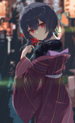 Rule 34 | 1girl, absurdres, black hair, black kimono, blurry, blurry background, blush, chromatic aberration, commentary request, cowboy shot, depth of field, flower, haori, highres, holding, holding flower, idolmaster, idolmaster shiny colors, japanese clothes, kimono, long sleeves, looking at viewer, morino rinze, night, off shoulder, outdoors, parted lips, rain, red eyes, red flower, serika, short hair with long locks, sidelocks, smile, solo, spider lily, wet, wet hair, wide sleeves