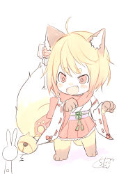 Rule 34 | 1girl, :d, ^^^, ahoge, animal, animal ear fluff, animal ears, bell, blonde hair, blush, chibi, chita (ketchup), commentary request, fang, flower, fox ears, fox girl, fox tail, furry, furry female, hair flower, hair ornament, highres, japanese clothes, jingle bell, kimono, long sleeves, miko, obi, open mouth, original, pink flower, pleated skirt, rabbit, red eyes, red skirt, ribbon-trimmed sleeves, ribbon trim, sash, short eyebrows, signature, skirt, smile, solo, standing, tail, thick eyebrows, white background, white kimono, wide sleeves