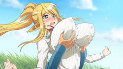 Rule 34 | 1boy, 1girl, absurdly long hair, animal ears, artist request, blonde hair, blue eyes, blush, grabbing another&#039;s breast, breasts, centaur, centorea shianus, covered erect nipples, game cg, grabbing, grass, hetero, high ponytail, horse ears, huge breasts, impossible clothes, long hair, monster musume no iru nichijou, monster musume no iru nichijou online, official alternate costume, official art, open mouth, outdoors, pointy ears, shirt, sidelocks, taur, very long hair, wavy mouth, white shirt