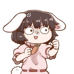 Rule 34 | 1girl, anger vein, animal ears, black hair, carrot necklace, clenched hands, commentary request, dress, inaba tewi, jewelry, meme, necklace, open mouth, pink dress, poronegi, rabbit ears, rabbit girl, rabbit tail, shaded face, short hair, short sleeves, simple background, solo, tail, touhou, upper body, v-shaped eyebrows, white background