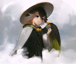 Rule 34 | 1boy, bell, black hair, chubby (genshin impact), closed mouth, cloud, commentary, cotton (cotton birb), english commentary, eyeshadow, feathered wings, floating island, genshin impact, giant, hat, highres, makeup, male focus, multicolored hair, orange eyeshadow, orange hair, personification, smile, solo, tree, white hair, wide sleeves, wings