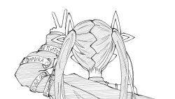 Rule 34 | 1girl, arm up, chika h sat, commentary request, demon girl, demon horns, from behind, greyscale, horns, jacket, kojo anna, kojo anna (1st costume), long hair, long sleeves, monochrome, nanashi inc., pointy ears, russian text, simple background, sketch, solo, twintails, upper body, v, virtual youtuber