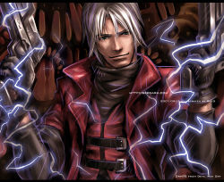 Rule 34 | 00s, 1boy, brown background, capcom, character name, coat, copyright name, dante (devil may cry), dated, devil may cry (series), devil may cry 1, electricity, lowres, male focus, seedark, smile, solo, watermark, web address, white hair