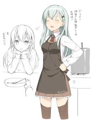 Rule 34 | 10s, 1boy, 1girl, :d, admiral (kancolle), apron, closed eyes, cooking, green hair, hair ornament, hairclip, hand on own hip, head rest, kantai collection, kitchen, long hair, no jacket, open mouth, partially colored, personification, plate, pot, pov, pov across table, school uniform, simple background, smile, spoon, suzuya (kancolle), table, takayaki, thighhighs, white background