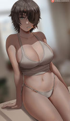 Rule 34 | 1girl, arm support, bare shoulders, bikini, blurry, blurry background, breasts, brown hair, chainsaw man, cigarette, collarbone, commentary, eyepatch, green eyes, highres, himeno (chainsaw man), huge breasts, looking at viewer, mouth hold, navel, nostrils, parted lips, patreon logo, patreon username, shexyo, side-tie bikini bottom, sitting, smoking, solo, swimsuit, tank top, thighs, watermark, web address, white bikini, white tank top