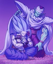 Rule 34 | 1girl, 2boys, black hair, cape, child, colored skin, commentary request, crossed arms, dougi, dragon ball, dragon ball super, dragon ball super super hero, father and daughter, gohan beast, green skin, highres, hug, koukyouji, multiple boys, muscular, pan (dragon ball), piccolo, pointy ears, short hair, simple background, smile, son gohan, spiked hair, turban, wristband