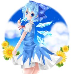 Rule 34 | 1girl, blue eyes, blue hair, blue sky, bow, cirno, cloud, day, dress, eating, flower, food, food in mouth, hair bow, leaf, looking at viewer, looking back, matching hair/eyes, outdoors, popsicle, ribbon, short hair, short sleeves, skirt hold, sky, snowflake print, solo, sparkle, sunflower, touhou, wings, yunagi (arukumaruta)