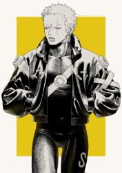 Rule 34 | 1boy, bara, bodysuit, border, earrings, greyscale with colored background, hands in pockets, highres, jacket, jewelry, looking to the side, male focus, monochrome, muscular, muscular male, niratama 10, official alternate costume, one eye closed, one piece, open mouth, outside border, pectorals, roronoa zoro, scar, scar across eye, short hair, simple background, solo, v-shaped eyebrows, white border, yellow background