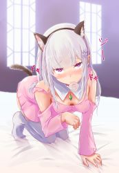 Rule 34 | 10s, 1girl, all fours, animal ears, bare shoulders, bed sheet, blush, breasts, cat ears, cat tail, cleavage, condom, condom in mouth, covered erect nipples, dress, elf, emilia (re:zero), fake animal ears, flower, hair flower, hair ornament, hair ribbon, highres, indoors, long hair, looking at viewer, mouth hold, nighty face, on bed, paw pose, pink dress, pointy ears, presenting, purple eyes, re:zero kara hajimeru isekai seikatsu, ribbon, shiro (maple syrup9), short dress, silver hair, small breasts, solo, tail, thighhighs, white thighhighs, window