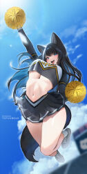 Rule 34 | 1girl, :d, animal ears, artist name, black hair, black skirt, blue eyes, blue hair, blue sky, bouncing breasts, breasts, cheerleader, cloud, colored inner hair, crop top, day, floating hair, fox ears, fox tail, highres, jumping, large breasts, long hair, long sleeves, looking at viewer, midriff, miniskirt, multicolored hair, navel, open mouth, original, outdoors, patreon username, pom pom (cheerleading), reiko (tofuubear), shoes, skirt, sky, smile, solo, stomach, tail, thighs, tofuubear, underboob