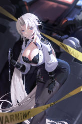Rule 34 | 1girl, azur lane, bent over, black bra, black pantyhose, blue eyes, blurry, blurry background, blush, bra, breasts, caution tape, cleavage, closed mouth, crossed legs, cuffs, dutch angle, feet out of frame, gloves, hair intakes, hand on own thigh, handcuffs, headset, high-waist skirt, highres, kronshtadt (azur lane), kronshtadt (begin the rush!) (azur lane), large breasts, lips, looking at viewer, o-ring, official alternate costume, pantyhose, pencil skirt, police, police uniform, policewoman, sansan (dongfangzhong111), skirt, thigh strap, underwear, uniform, watson cross, white hair