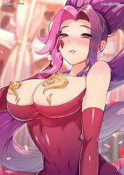 Rule 34 | 1girl, blurry, blurry background, blush, breasts, darklux, elbow gloves, gloves, grey hair, highres, large breasts, league of legends, long hair, multicolored hair, petals, pink hair, prestige mythmaker sivir, purple hair, red eyes, shiny clothes, shiny skin, sivir, smile, solo, teeth, upper body, very long hair