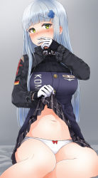 Rule 34 | 1girl, bare legs, black skirt, blush, breasts, buttons, clothes lift, covering own mouth, cross hair ornament, facial mark, fuente, girls&#039; frontline, gloves, goggles, goggles around neck, green eyes, hair ornament, highres, hk416 (girls&#039; frontline), jacket, large breasts, lifted by self, long hair, long sleeves, looking at viewer, miniskirt, navel, nose blush, panties, pleated skirt, purple jacket, sidelocks, silver hair, sitting, skirt, skirt lift, solo, underwear, uniform, white panties