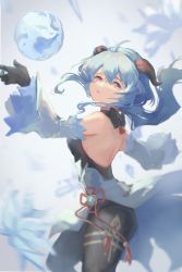 Rule 34 | 1girl, absurdres, ahoge, backless outfit, bare shoulders, black gloves, black leotard, black pantyhose, blue hair, blurry, bow, bowtie, chinese knot, commentary request, cowboy shot, depth of field, detached sleeves, floating hair, flower, ganyu (genshin impact), genshin impact, gloves, goat horns, hair between eyes, heibulalajixiansheng, highres, horns, leotard, long hair, open mouth, orb, outstretched arms, pantyhose, pelvic curtain, red eyes, sidelocks, solo, spread arms, tassel, vision (genshin impact)