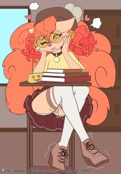 Rule 34 | 1girl, animal ears, animal nose, artist name, blush, body fur, book, brown eyes, brown footwear, brown hat, clenched teeth, collar, creatures (company), cross-laced footwear, crossed legs, desk, egg vibrator, female focus, flat chest, flat color, fox ears, fox girl, fox tail, fuf, full body, furry, furry female, game freak, gen 1 pokemon, glasses, hair tie, hands on own cheeks, hands on own face, hands up, hat, heart, highres, indoors, lip biting, looking up, miniskirt, multiple tails, nintendo, nose blush, on chair, one eye closed, orange-tinted eyewear, orange fur, panties, pantyshot, patreon username, pencil case, personification, pleated skirt, pokemon, pokemon (creature), puff of air, pussy juice, red hair, red skirt, rolling eyes, round eyewear, sex toy, shirt, shoes, short hair, short sleeves, sitting, skirt, solo, subscribestar username, tail, teeth, thighhighs, tinted eyewear, trembling, twintails, underwear, upskirt, vibrator, vibrator under clothes, vulpix, watermark, web address, wedge heels, wet, wet clothes, wet panties, white panties, white thighhighs, wince, yellow shirt