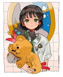 Rule 34 | 1girl, black hair, black nails, black sweater, border, closed mouth, commentary, crying, crying with eyes open, green eyes, highres, holding, holding stuffed toy, looking at viewer, maple (abc2215), nail polish, original, sad, shirt, short hair, short sleeves, solo, stuffed animal, stuffed toy, sweater, tears, teddy bear, turtleneck, turtleneck sweater, upper body, white border, white shirt