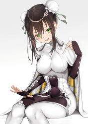 Rule 34 | 1girl, absurdres, bodysuit, bun cover, cape, chinese clothes, covered navel, double bun, fate/grand order, fate (series), fingerless gloves, gloves, green eyes, highres, lap pillow invitation, mimikaki, nyatabe, patting lap, qin liangyu (fate), sitting, skin tight, solo, white bodysuit, white cape