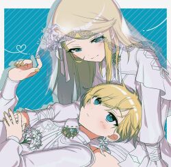 Rule 34 | 1girl, aqua eyes, blonde hair, brother and sister, flower, hashiwo, highres, kagamine len, kagamine rin, lily (flower), long hair, long sleeves, looking at another, project sekai, short hair, siblings, twins, veil, vocaloid