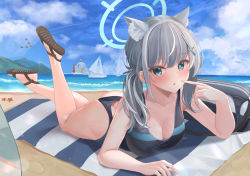 Rule 34 | 1girl, :o, absurdres, aircraft, airplane, andamiro, animal ear fluff, animal ears, ass, bag, beach, beach towel, black one-piece swimsuit, blue archive, blue eyes, blue sky, boat, breasts, cloud, cross, cross hair ornament, duffel bag, extra ears, feet up, finger to mouth, grey hair, hair ornament, halo, highres, horizon, inverted cross, jet, korean commentary, large breasts, lighthouse, lying, mismatched pupils, on stomach, one-piece swimsuit, parted lips, sand, sandals, shiroko (blue archive), shiroko (swimsuit) (blue archive), side ponytail, sky, solo focus, starfish, swimsuit, the pose, thighs, towel, watercraft, wolf ears