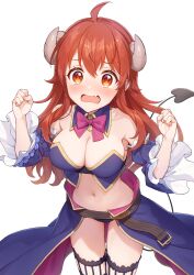 Rule 34 | 1girl, ahoge, belt, bikini, black tail, blue bikini, blue sleeves, blush, bow, bowtie, breasts, brown belt, brown eyes, brown hair, cleavage, commentary request, cowboy shot, crisis management form (machimazo), crossed bangs, curled horns, demon girl, demon horns, demon tail, detached collar, detached sleeves, dot nose, fang, hands up, heart, heart tail, highres, horns, large breasts, long hair, looking at viewer, machikado mazoku, masami (souzou jinsei sanka), navel, open mouth, pink bow, pink bowtie, revealing clothes, simple background, skin fang, solo, standing, stomach, swimsuit, tail, tearing up, waist cape, white background, yoshida yuuko (machikado mazoku)