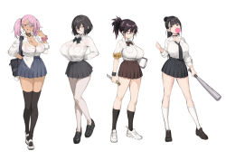 Rule 34 | 4girls, armband, bag, baseball bat, black bow, black bowtie, black choker, black eyes, black footwear, black hair, black necktie, black skirt, black thighhighs, blue hair, blue skirt, bow, bowtie, boxcutter, bra, bra visible through clothes, breasts, bright pupils, brown eyes, brown skirt, blowing bubbles, button gap, chewing gum, choker, cleavage, clipboard, collared shirt, commentary request, dark-skinned female, dark skin, earrings, glasses, grin, gyaru, holding, holding baseball bat, holding boxcutter, holding clipboard, jewelry, kazama ritsuko, kogal, large breasts, loafers, long hair, loose necktie, multicolored hair, multiple girls, necklace, necktie, original, pantyhose, partially unbuttoned, pink bra, pink hair, pink scrunchie, pleated skirt, pointing, pointing at self, ponytail, school uniform, scrunchie, semi-rimless eyewear, shirt, shirt partially tucked in, shirt tucked in, shoes, short hair, shoulder bag, skirt, smile, sneakers, socks, streaked hair, tan, thighhighs, try (lsc), twintails, underwear, uwabaki, white bra, white footwear, white pantyhose, white pupils, white shirt, white socks, wrist scrunchie, yellow armband
