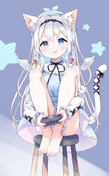 Rule 34 | 1girl, :p, amimi, animal ear fluff, animal ears, barefoot, black hairband, black ribbon, blue background, blue dress, blue eyes, blue headwear, blush, braid, cat ears, cat girl, cat tail, character request, collared dress, commission, copyright request, detached sleeves, dress, feathered wings, feet, feet on chair, frilled dress, frilled sleeves, frills, full body, hairband, highres, knees apart feet together, knees up, legs, long sleeves, mini wings, neck ribbon, ribbon, sidelocks, sitting, skeb commission, sleeveless, sleeveless dress, solo, tail, tail ornament, tail ribbon, toenails, toes, tongue, tongue out, underwear, virtual youtuber, wings