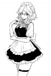 Rule 34 | 1girl, akiyama enma, apron, black dress, bow, braid, breasts, dress, frills, grey bow, greyscale, hair between eyes, hair bow, hands up, highres, izayoi sakuya, knife, looking to the side, maid, maid headdress, medium breasts, monochrome, open mouth, shirt, short hair, short sleeves, simple background, solo, standing, touhou, twin braids, white apron, white background, white bow, white eyes, white hair, white shirt