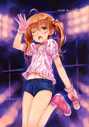 Rule 34 | 1girl, ;o, ahoge, artist name, bare legs, blush, bra strap, brown eyes, brown hair, choker, collarbone, comic rin, denim, denim shorts, fang, fangs, female focus, floral print, focke wulf, frills, gloves, highres, holding, idol, leg up, legs, long hair, looking at viewer, microphone, midriff, navel, one eye closed, open hand, open mouth, pink gloves, shoes, short shorts, shorts, sneakers, socks, solo, source request, standing, standing on one leg, striped clothes, striped socks, twintails, wink