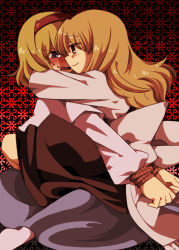 Rule 34 | 2girls, alice margatroid, angry, arms around neck, bad id, bad pixiv id, bdsm, blonde hair, blush, bondage, bound, embarrassed, eye contact, female focus, hairband, hug, imminent kiss, kirisame marisa, long hair, looking at another, marisu, multiple girls, naughty face, open mouth, rope, short hair, shy, smile, sweat, touhou, wavy mouth, yuri