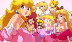 Rule 34 | 6+girls, absurdres, bare shoulders, bigarmybug (style), blonde hair, blue eyes, blush, breasts, brooch, brown hair, collarbone, crown, dress, earrings, egoraptor (style), elbow gloves, frills, gloves, highres, inker comics, jewelry, large breasts, lips, lipstick, long hair, looking at viewer, makeup, mario (series), medium breasts, mini crown, multiple girls, multiple persona, nintendo, nipples, no bra, off shoulder, open mouth, paper mario, parody, pink dress, pink lips, princess peach, puffy short sleeves, puffy sleeves, red lips, sakura tamakichi (style), short sleeves, smile, style parody, super mario 64, the super mario bros. movie, the super mario bros. super show!, underwear, undressing, v, white gloves