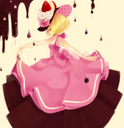 Rule 34 | 1girl, blonde hair, bow, breasts, brown dress, chocolate, cleavage, dress, dress bow, food, food-themed clothes, fruit, hat, hat bow, hat ornament, lipstick, makeup, medium hair, mokaffe, original, pink bow, pink dress, pink hat, profile, red nails, simple background, skirt hold, small breasts, solo, strawberry, two-tone dress