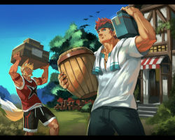 Rule 34 | 2boys, animal ears, bara, barrel, beard, biceps, black shorts, carrying over shoulder, carrying overhead, clear sky, facial hair, feet out of frame, headband, large pectorals, male focus, mature male, multiple boys, muscular, muscular male, original, pectoral cleavage, pectorals, red hair, rollingstonex6, shirt, short hair, shorts, sideburns, sky, smile, stomach, tail, thick thighs, thighs, towel, towel around neck, tree, v-neck, white shirt, wolf boy, wolf ears, wolf tail