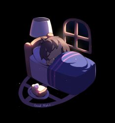 Rule 34 | 1other, antenna hair, bed, black background, blanket, brown hair, cake, cake slice, chibi, closed eyes, commentary request, desk lamp, english text, food, frisk (undertale), hair between eyes, lamp, lari-lab, lying, on side, pillow, plate, shadow, short hair, simple background, sleeping, solo, undertale, window