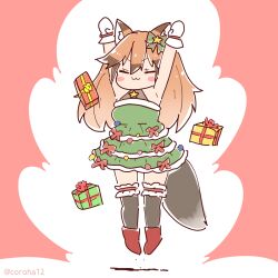 Rule 34 | 1girl, :3, animal ears, bare shoulders, black thighhighs, blush, brown hair, christmas, christmas tree costume, closed eyes, commentary request, coroha, dress, fox ears, fox girl, fox tail, frilled thighhighs, frills, green dress, hair between eyes, jumping, kemono friends, kemono friends 3, long hair, midair, official alternate costume, orange hair, red fox (kemono friends), sidelocks, sleeveless, solo, tail, thighhighs, zettai ryouiki