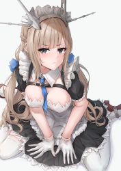 Rule 34 | 1girl, alternate costume, between breasts, black dress, blue necktie, blush, breasts, closed mouth, commentary, dress, enmaided, frilled dress, frills, gloves, grey eyes, headgear, highres, k jie, kantai collection, large breasts, light brown hair, long hair, looking at viewer, maid, maid headdress, maryland (kancolle), necktie, necktie between breasts, rudder footwear, short sleeves, simple background, sitting, solo, symbol-only commentary, thighhighs, wariza, white background, white gloves, white thighhighs