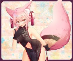Rule 34 | 1girl, alternate hairstyle, animal ear fluff, animal ears, bare shoulders, black gloves, blush, breasts, china dress, chinese clothes, cleavage cutout, clothing cutout, dress, fangs, fate/grand order, fate (series), fox ears, fox tail, glasses, gloves, hand fan, hiiro yuya, holding, holding fan, koyanskaya (chinese lostbelt outfit) (fate), koyanskaya (fate), large breasts, looking at viewer, navel, open mouth, pink hair, sleeveless, sleeveless dress, smile, solo, stomach, tail, tamamo (fate), underboob, yellow eyes