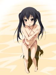 Rule 34 | 1girl, barefoot, beach, blue hair, blush, brown eyes, covering privates, feet, female focus, gradient background, highres, k-on!, kotobuki hajime, long hair, looking at viewer, nakano azusa, sand, shadow, solo, standing, swimsuit, toes, twintails, white background