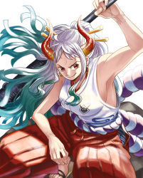 Rule 34 | &gt;:), 1girl, absurdres, arm rest, arm up, armpits, bare arms, bare shoulders, breasts, closed mouth, club (weapon), earrings, fingernails, floating hair, geta, green hair, grey hair, hair ornament, hair stick, high ponytail, highres, holding, holding weapon, hoop earrings, horns, japanese clothes, jewelry, kanabou, kataginu, large breasts, living (pixiv5031111), long hair, looking at viewer, multicolored hair, multicolored horns, one piece, oni, red eyes, rope, shimenawa, sideboob, sidelocks, smile, solo, squatting, toes, two-tone hair, v-shaped eyebrows, very long hair, weapon, yamato (one piece)