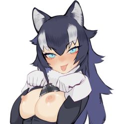 Rule 34 | 10s, 1girl, :p, animal ears, bad id, bad twitter id, beijuu, black hair, blue eyes, blush, breasts, breasts out, artistic error, fur collar, gloves, grey wolf (kemono friends), hair between eyes, kemono friends, large breasts, long hair, multicolored hair, nipples, paw pose, simple background, solo, tongue, tongue out, two-tone hair, upper body, v-shaped eyebrows, white background, white gloves, white hair, wolf ears