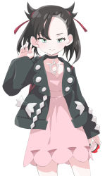Rule 34 | 1girl, asymmetrical bangs, backpack, bag, black choker, black hair, black jacket, black nails, choker, closed mouth, commentary request, creatures (company), dress, game freak, green eyes, hair ribbon, hand up, highres, holding, holding poke ball, jacket, looking at viewer, marnie (pokemon), maromayu (upmz2428), nail polish, nintendo, open clothes, open jacket, pink dress, poke ball, poke ball (basic), pokemon, pokemon swsh, red bag, red ribbon, ribbon, smile, solo, split mouth