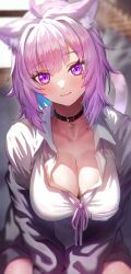 Rule 34 | 1girl, :3, animal ear fluff, animal ears, black choker, breasts, cat ears, cat girl, choker, cleavage, closed mouth, highres, hololive, jacket, kobayashi (jna x rgh), large breasts, medium hair, naked shirt, nekomata okayu, nekomata okayu (oversized shirt), open clothes, open jacket, purple eyes, purple hair, purple jacket, purple ribbon, ribbon, shirt, short hair, smile, solo, virtual youtuber, white shirt
