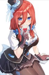 Rule 34 | 1girl, black gloves, black pantyhose, black skirt, black vest, blue bow, blue eyes, blush, bow, card, closed mouth, gloves, go-toubun no hanayome, hair between eyes, hair ornament, hair scrunchie, hat, hat bow, hat ornament, heart, highres, holding, holding card, long hair, looking at viewer, low twintails, miniskirt, nakano miku, pantyhose, playing card, pleated skirt, red hair, scrunchie, shirt, short sleeves, simple background, sitting, skirt, smile, solo, top hat, twintails, vest, white background, white shirt, yunweishukuang