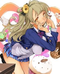 Rule 34 | 10s, 1girl, blazer, bow, bowtie, brown hair, cake, doughnut, flower, food, gradient background, hair flower, hair ornament, hands on own face, hyocorou, jacket, jpeg artifacts, long hair, looking at viewer, love live!, love live! school idol project, macaron, minami kotori, miniskirt, pastry, pleated skirt, school uniform, skirt, solo, striped bow, striped bowtie, striped clothes, striped neckwear