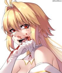 Rule 34 | 1girl, absurdres, archetype earth, arcueid brunestud, bare shoulders, blonde hair, blood, blood on face, blood on gloves, breasts, cleavage, close-up, commentary, commission, dootmoon, english commentary, fangs, gloves, hair intakes, highres, long hair, looking at viewer, medium breasts, open mouth, red eyes, simple background, solo, teeth, tongue, tsukihime, twitter username, white background, white gloves