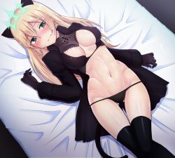 Rule 34 | 1girl, animal ears, aqua eyes, black bra, black panties, blonde hair, blush, bra, breasts, cat ears, cat tail, covered erect nipples, cross, gloves, heart, heart-shaped pupils, heinrike prinzessin zu sayn-wittgenstein, hirschgeweih antennas, iron cross, liar lawyer, long hair, looking at viewer, lying, navel, on back, panties, solo, strike witches, sweat, symbol-shaped pupils, tail, thighhighs, underwear, world witches series