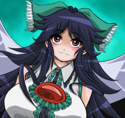 Rule 34 | 1girl, bird wings, black hair, black wings, blue background, blush, bow, breasts, cape, center frills, closed mouth, collared shirt, commentary request, dutch angle, earrings, frilled shirt collar, frills, green bow, hair bow, jade (zbbc), jewelry, large breasts, long hair, looking at viewer, red eyes, reiuji utsuho, shirt, sidelocks, sleeveless, sleeveless shirt, smile, solo, third eye, touhou, upper body, very long hair, white cape, white shirt, wings