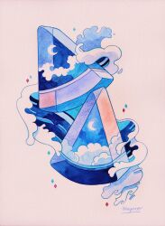 Rule 34 | above clouds, artist name, blue theme, cloud, crescent moon, food, fruit, highres, liquid, meyoco, moon, night, no humans, object focus, ocean, original, painting (medium), signature, simple background, sparkle, traditional media, transparent, water, watercolor (medium), watermelon, watermelon slice, waves, white background
