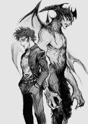 Rule 34 | 1boy, back-to-back, belt, claws, closed mouth, dark persona, demon boy, demon wings, devilman, devilman (character), fudou akira, grey background, greyscale, hands in pockets, hatching (texture), head wings, highres, monochrome, navel, otsu (outsunaruse), pectorals, simple background, sketch, smile, wings