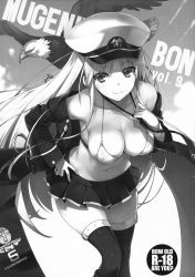 Rule 34 | 1girl, absurdres, animal, azur lane, bird, breasts, cleavage, collarbone, content rating, eagle, english text, enterprise (azur lane), greyscale, hand on own hip, hat, highres, jacket, large breasts, leaning forward, long hair, looking at viewer, midriff, miniskirt, monochrome, off shoulder, open clothes, open jacket, pleated skirt, skirt, smile, solo, thighhighs, tomose shunsaku, very long hair, wings, zettai ryouiki
